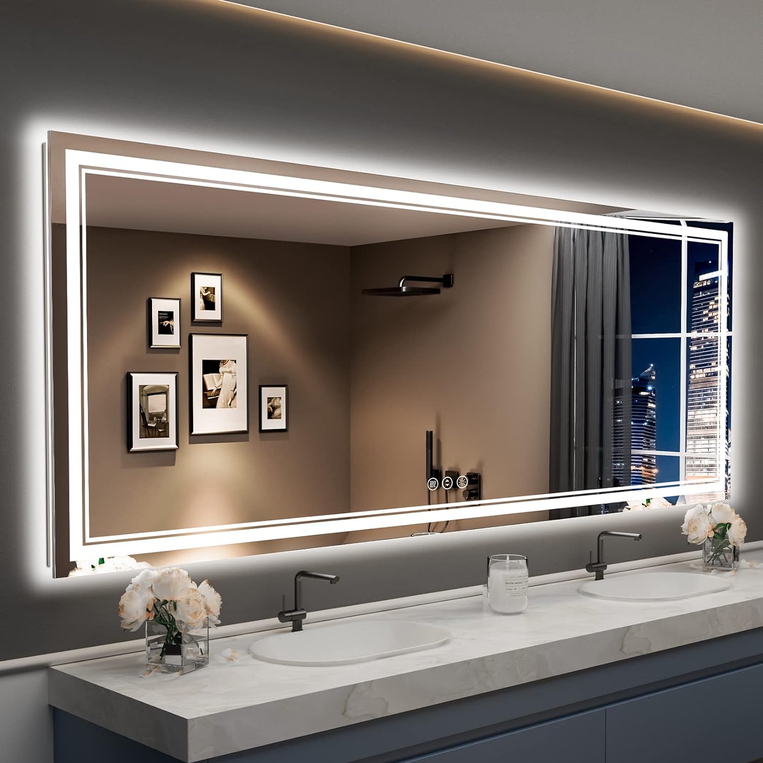 60X28 LED Bathroom Mirror with Lights, Backlit + Front Lit, Anti-Fog Lighted Vanity Mirror for Bathroom Wall, Dimmable LED Vanity Mirror with 3 Colors, Memory, Waterproof, Horizontal/Vertical